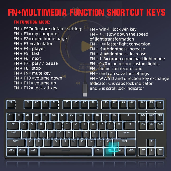 Lisslune | HXSJ L600 87 Keys USB-C / Type-C Wired Red Switch Mechanical Keyboard with Cool Backlight (Black)