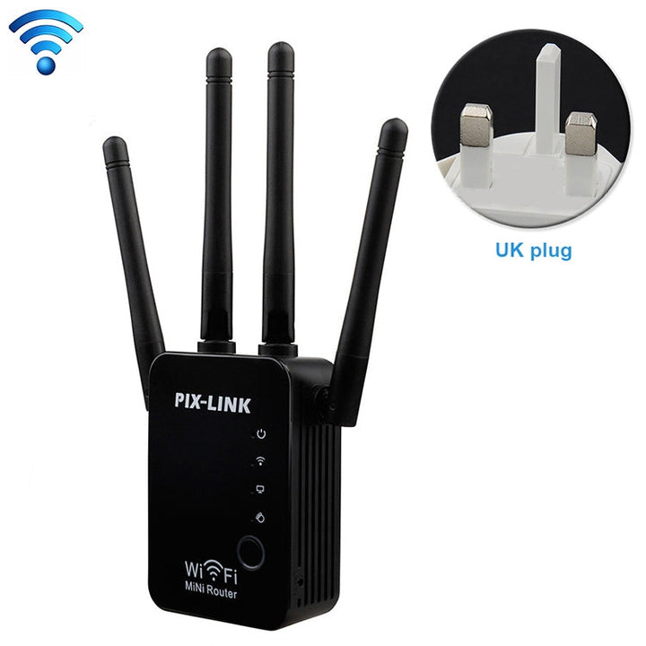 Lisslune | Wireless Smart WiFi Router Repeater with 4 WiFi antennas, plug specification: UK plug (Black)