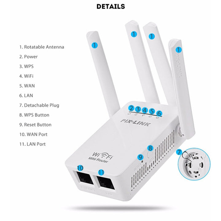 Lisslune | Wireless Smart WiFi Router Repeater with 4 WiFi Antennas, Plug Specification: UK Plug (White)