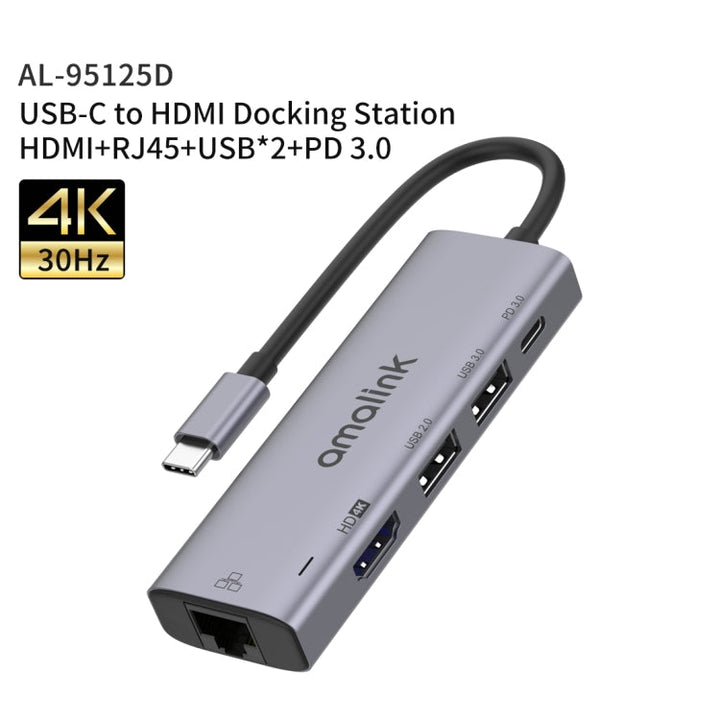 Lisslune | amalink 95125D Type-C / USB-C to HDMI + RJ45 + 2 Ports USB + PD 3.0 Multifunction HUB (Gray)