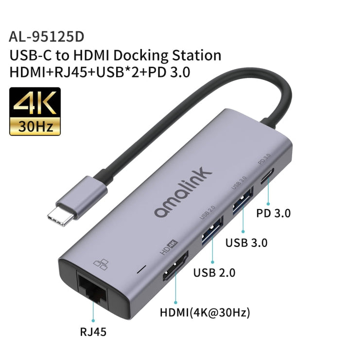 Lisslune | amalink 95125D Type-C / USB-C to HDMI + RJ45 + 2 Ports USB + PD 3.0 Multifunction HUB (Gray)