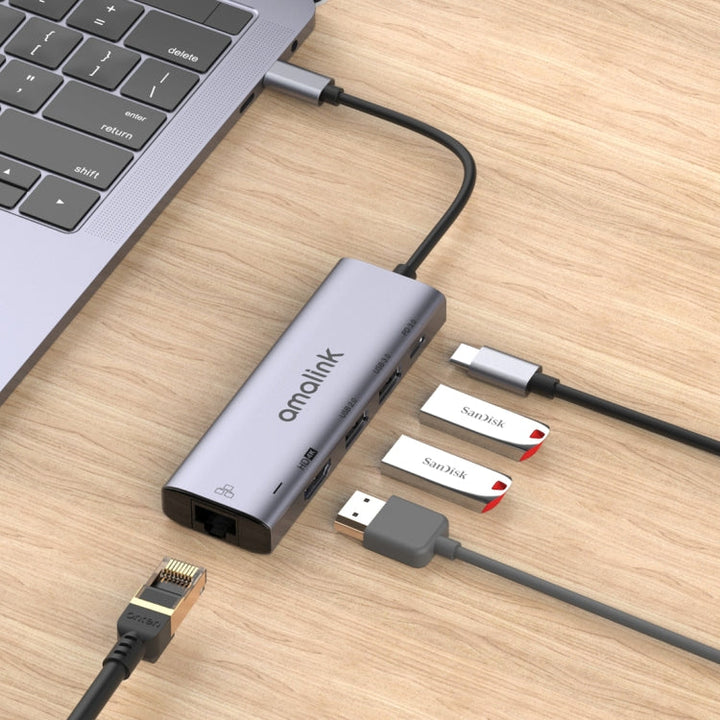 Lisslune | amalink 95125D Type-C / USB-C to HDMI + RJ45 + 2 Ports USB + PD 3.0 Multifunction HUB (Gray)