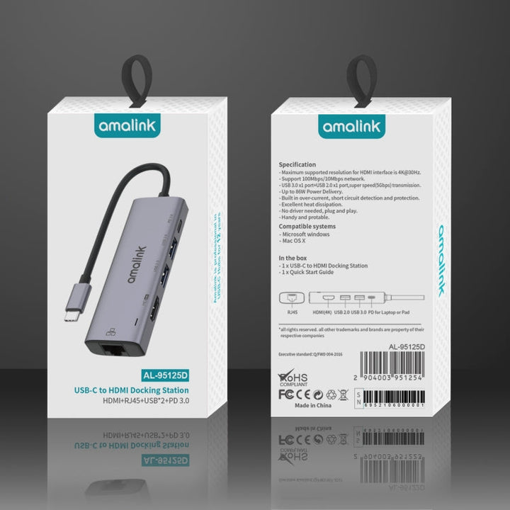 Lisslune | amalink 95125D Type-C / USB-C to HDMI + RJ45 + 2 Ports USB + PD 3.0 Multifunction HUB (Gray)
