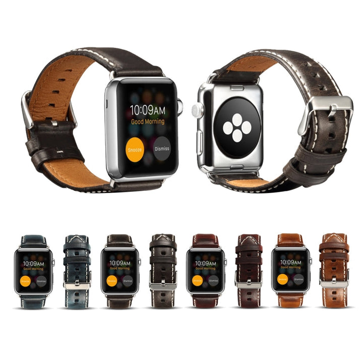 Lisslune | For Apple Watch Series 9&8&7 41mm / SE 3&SE 2&6&SE&5&4 40mm / 3&2&1 38mm Oil-Wax Retro Cowhide Strap (Black)