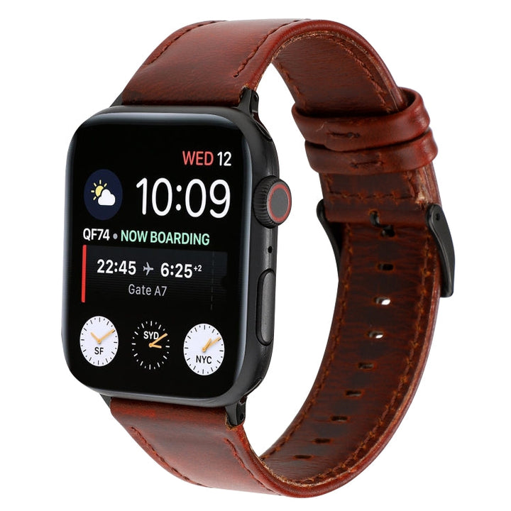 Lisslune | For Apple Watch Series 9&8&7 41mm / SE 3&SE 2&6&SE&5&4 40mm / 3&2&1 38mm Oil Waxed Crazy Horse Texture Leather Watch Band (Red-brown)