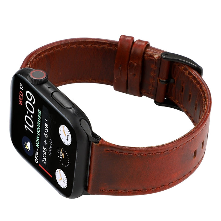 Lisslune | For Apple Watch Series 9&8&7 41mm / SE 3&SE 2&6&SE&5&4 40mm / 3&2&1 38mm Oil Waxed Crazy Horse Texture Leather Watch Band (Red-brown)