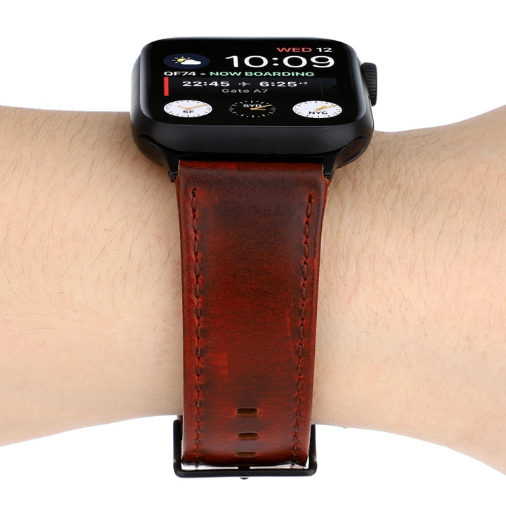 Lisslune | For Apple Watch Series 9&8&7 41mm / SE 3&SE 2&6&SE&5&4 40mm / 3&2&1 38mm Oil Waxed Crazy Horse Texture Leather Watch Band (Red-brown)