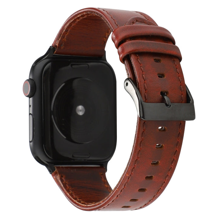 Lisslune | For Apple Watch Series 9&8&7 41mm / SE 3&SE 2&6&SE&5&4 40mm / 3&2&1 38mm Oil Waxed Crazy Horse Texture Leather Watch Band (Red-brown)