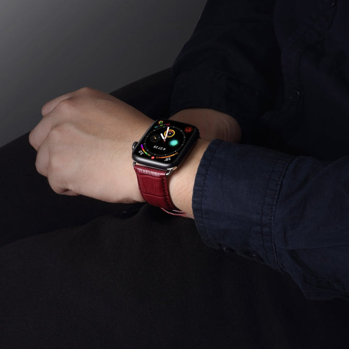 Lisslune | For Apple Watch Series 9&8&7 41mm / SE 3&SE 2&6&SE&5&4 40mm / 3&2&1 38mm Cowhide Crocodile Texture Strap Watch Band (Red-brown)