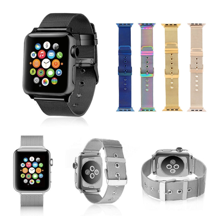 Lisslune | For Apple Watch Series 9&8&7 41mm / SE 3&SE 2&6&SE&5&4 40mm / 3&2&1 38mm Milanese Stainless Steel Double Clasp Watch Band (Gold)