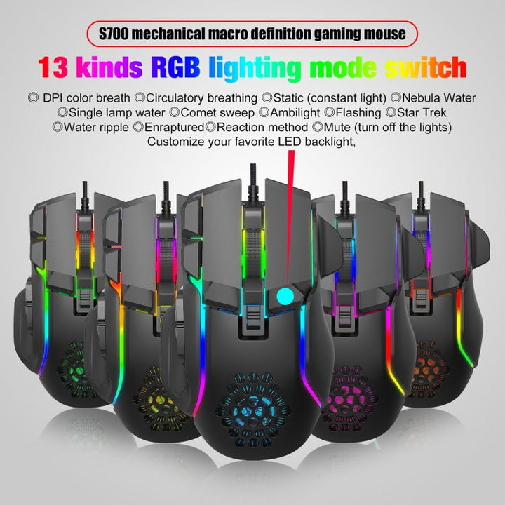 Lisslune | HXSJ S700 USB 12800dpi adjustable 10-button mechanical wired gaming mouse (Black)