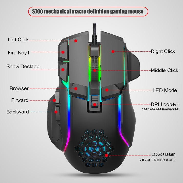 Lisslune | HXSJ S700 USB 12800dpi adjustable 10-button mechanical wired gaming mouse (Black)