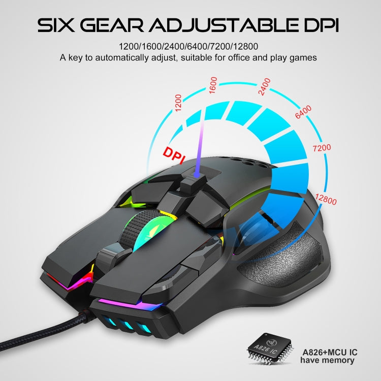 Lisslune | HXSJ S700 USB 12800dpi adjustable 10-button mechanical wired gaming mouse (Black)