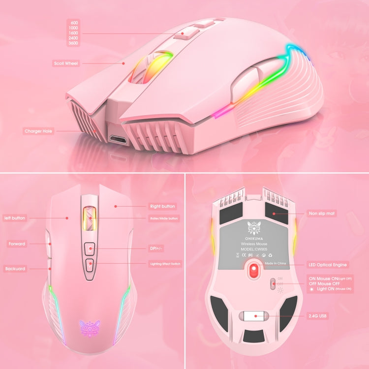 Lisslune | ONIKUMA CW905 2.4G RGB Lighting Wireless Mouse (Pink)