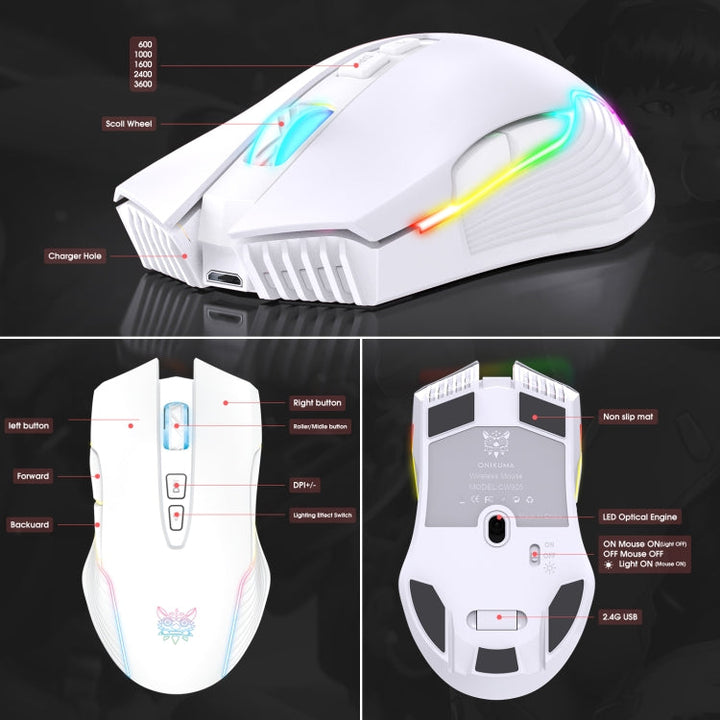 Lisslune | ONIKUMA CW905 2.4G RGB Lighting Wireless Mouse (Gray White)