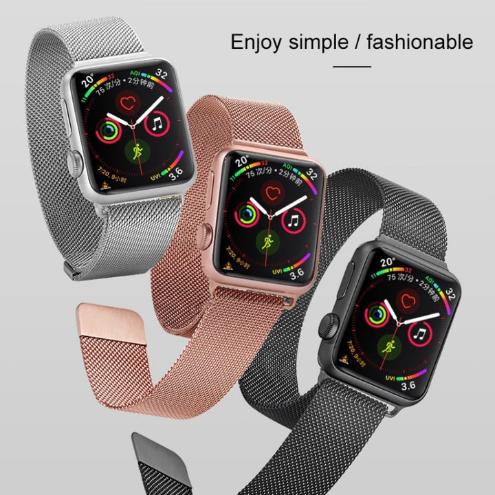 Lisslune | For Apple Watch Ultra 49mm & Watch Ultra 2 49mm / Series 9 & 8 & 7 45mm / SE 3 & SE 2 & 6 & SE & 5 & 4 44mm / 3 & 2 & 1 42mm Mutural Milanese Stainless Steel Watch Band (Rose Gold)