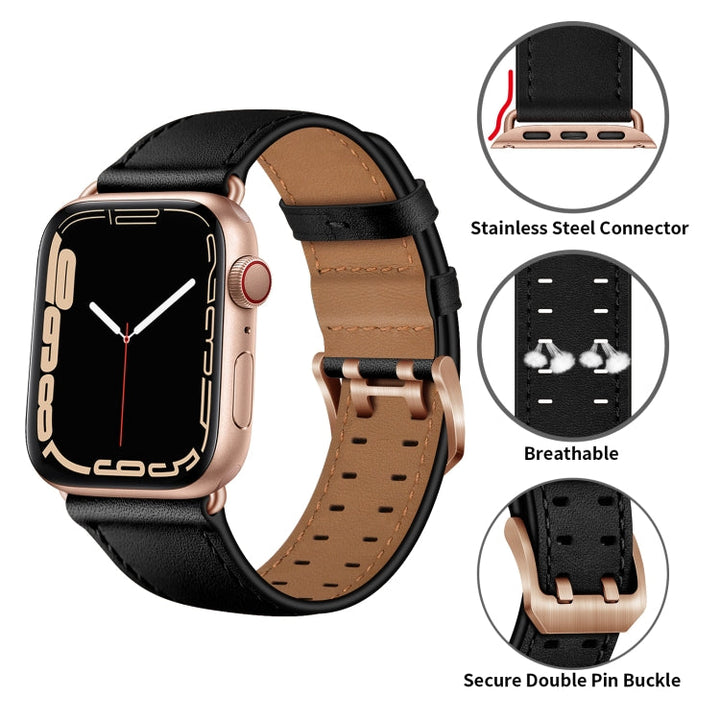 Lisslune | Double Buckle Leather Watch Band for Apple Watch Series 9&8&7 41mm / SE 3&SE 2&6&SE&5&4 40mm / 3&2&1 38mm (Black Rose Gold Buckle)