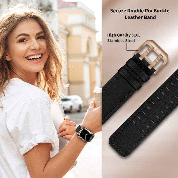 Lisslune | Double Buckle Leather Watch Band for Apple Watch Series 9&8&7 41mm / SE 3&SE 2&6&SE&5&4 40mm / 3&2&1 38mm (Black Rose Gold Buckle)