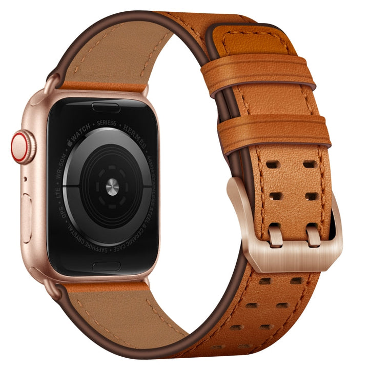Lisslune | Double Buckle Leather Bracelet for Apple Watch Series 9&8&7 41mm / SE 3&SE 2&6&SE&5&4 40mm / 3&2&1 38mm (Brown Rose Gold Buckle)