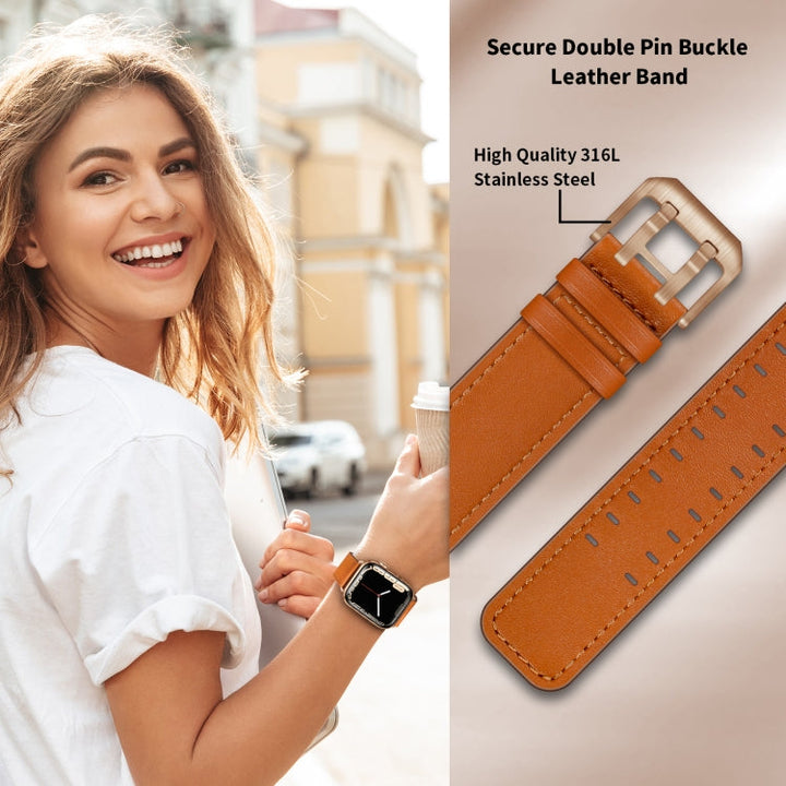 Lisslune | Double Buckle Leather Bracelet for Apple Watch Series 9&8&7 41mm / SE 3&SE 2&6&SE&5&4 40mm / 3&2&1 38mm (Brown Rose Gold Buckle)
