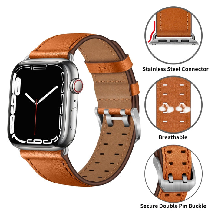 Lisslune | Double Buckle Leather Watch Band for Apple Watch Series 9&8&7 41mm / SE 3&SE 2&6&SE&5&4 40mm / 3&2&1 38mm (Brown Silver Buckle)