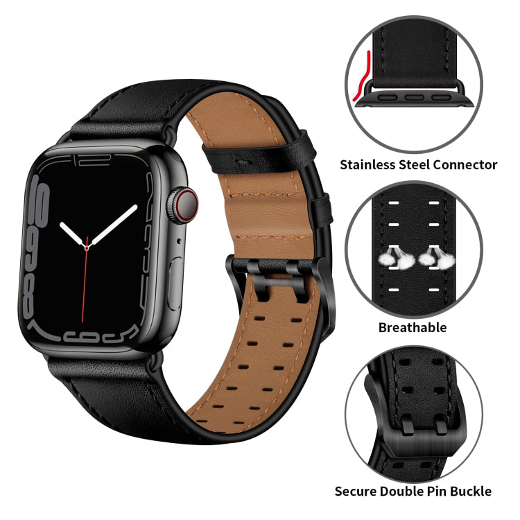 Lisslune | Double Buckle Leather Bracelet for Apple Watch Ultra 49mm & Watch Ultra 2 49mm / Series 9 & 8 & 7 45mm / SE 3 & SE 2 & 6 & SE & 5 & 4 44mm / 3 & 2 & 1 42mm (Black Black Buckle)