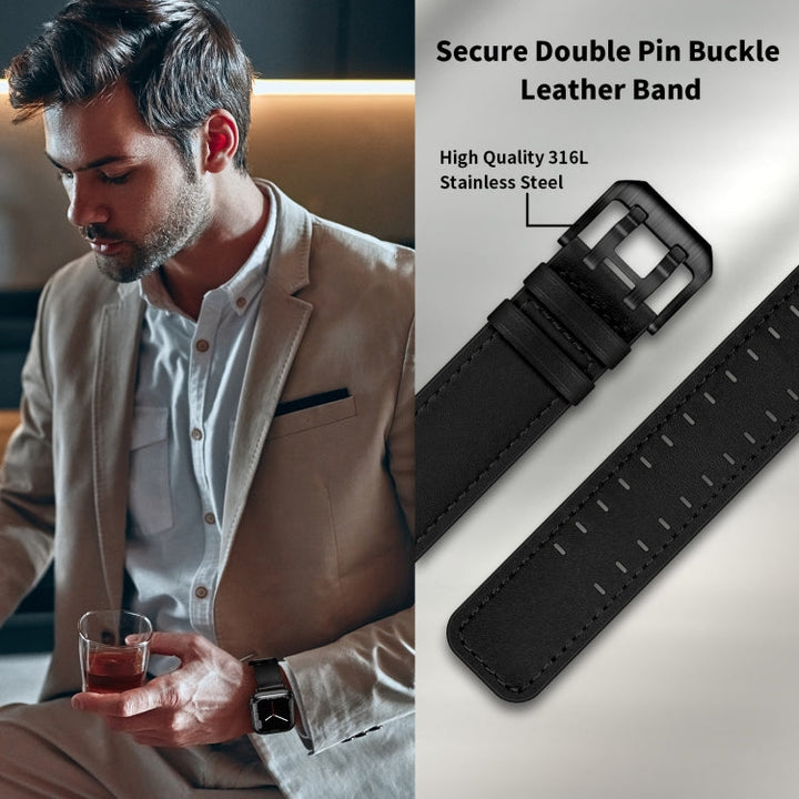 Lisslune | Double Buckle Leather Bracelet for Apple Watch Ultra 49mm & Watch Ultra 2 49mm / Series 9 & 8 & 7 45mm / SE 3 & SE 2 & 6 & SE & 5 & 4 44mm / 3 & 2 & 1 42mm (Black Black Buckle)
