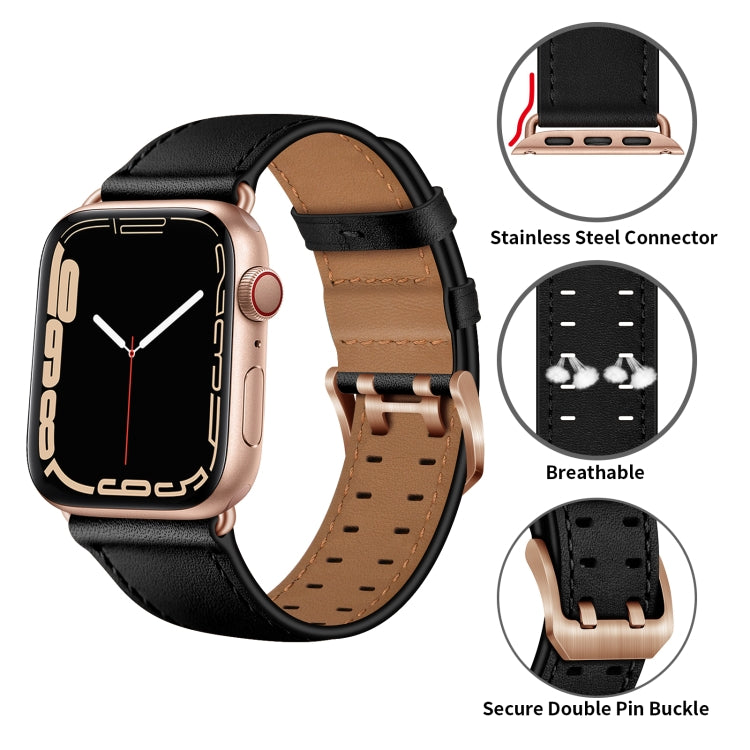 Lisslune | Double Buckle Leather Band for Apple Watch Ultra 49mm & Watch Ultra 2 49mm / Series 9 & 8 & 7 45mm / SE 3 & SE 2 & 6 & SE & 5 & 4 44mm / 3 & 2 & 1 42mm (Black Rose Gold Buckle)