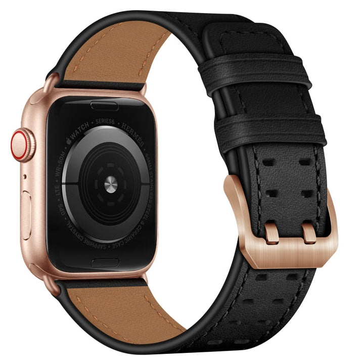 Lisslune | Double Buckle Leather Band for Apple Watch Ultra 49mm & Watch Ultra 2 49mm / Series 9 & 8 & 7 45mm / SE 3 & SE 2 & 6 & SE & 5 & 4 44mm / 3 & 2 & 1 42mm (Black Rose Gold Buckle)