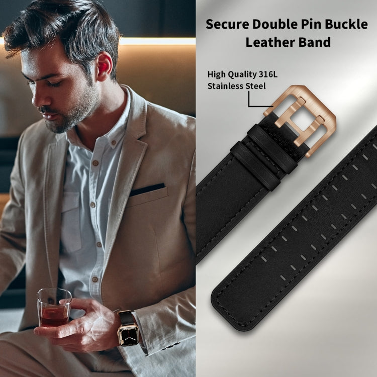 Lisslune | Double Buckle Leather Band for Apple Watch Ultra 49mm & Watch Ultra 2 49mm / Series 9 & 8 & 7 45mm / SE 3 & SE 2 & 6 & SE & 5 & 4 44mm / 3 & 2 & 1 42mm (Black Rose Gold Buckle)