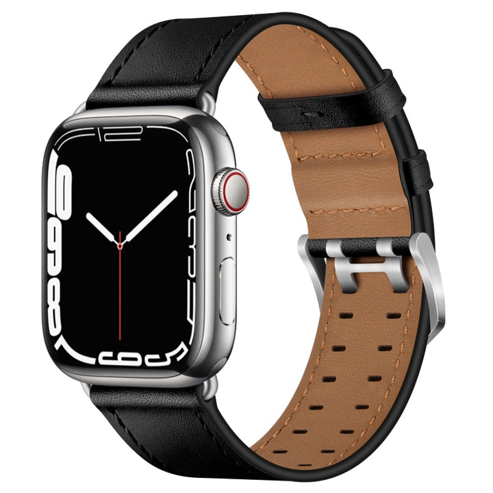 Lisslune | Double Buckle Leather Watch Strap for Apple Watch Ultra 49mm & Watch Ultra 2 49mm / Series 9 & 8 & 7 45mm / SE 3 & SE 2 & 6 & SE & 5 & 4 44mm / 3 & 2 & 1 42mm (Black Silver Buckle)