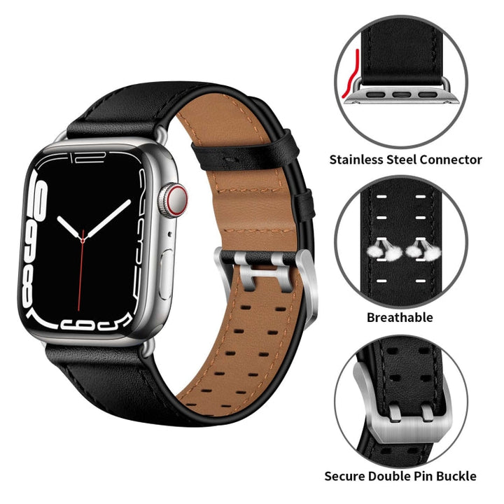 Lisslune | Double Buckle Leather Watch Strap for Apple Watch Ultra 49mm & Watch Ultra 2 49mm / Series 9 & 8 & 7 45mm / SE 3 & SE 2 & 6 & SE & 5 & 4 44mm / 3 & 2 & 1 42mm (Black Silver Buckle)