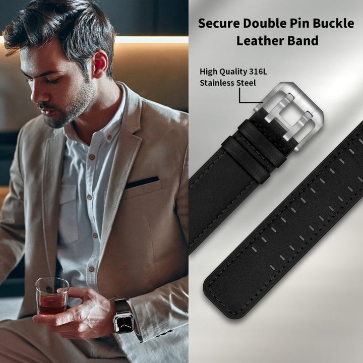 Lisslune | Double Buckle Leather Watch Strap for Apple Watch Ultra 49mm & Watch Ultra 2 49mm / Series 9 & 8 & 7 45mm / SE 3 & SE 2 & 6 & SE & 5 & 4 44mm / 3 & 2 & 1 42mm (Black Silver Buckle)