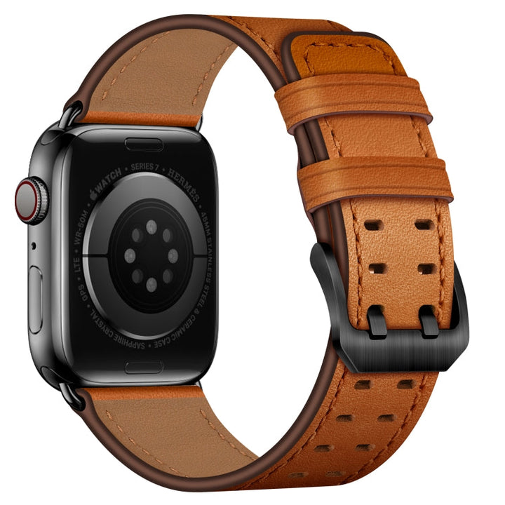 Lisslune | Double Buckle Leather Bracelet for Apple Watch Ultra 49mm&Watch Ultra 2 49mm / Series 9&8&7 45mm / SE 3&SE 2&6&SE&5&4 44mm / 3&2&1 42mm (Brown Black Buckle)