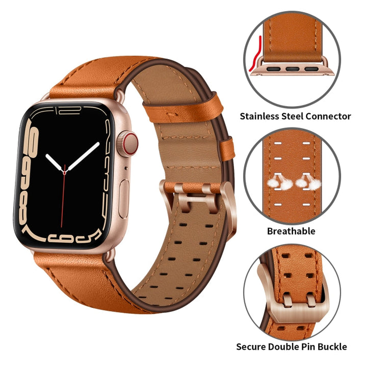 Lisslune | Double Buckle Leather Watch Strap for Apple Watch Ultra 49mm & Watch Ultra 2 49mm / Series 9 & 8 & 7 45mm / SE 3 & SE 2 & 6 & SE & 5 & 4 44mm / 3 & 2 & 1 42mm (Brown Rose Gold Buckle)