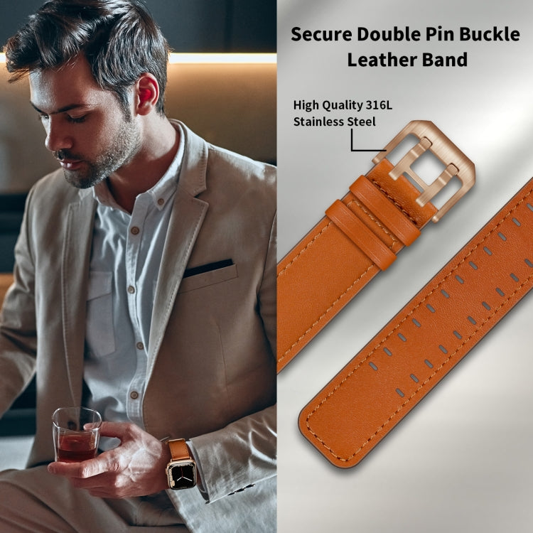 Lisslune | Double Buckle Leather Watch Strap for Apple Watch Ultra 49mm & Watch Ultra 2 49mm / Series 9 & 8 & 7 45mm / SE 3 & SE 2 & 6 & SE & 5 & 4 44mm / 3 & 2 & 1 42mm (Brown Rose Gold Buckle)