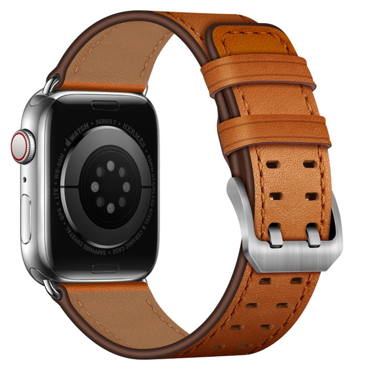 Lisslune | Double Buckle Leather Watch Band for Apple Watch Ultra 49mm&Watch Ultra 2 49mm / Series 9&8&7 45mm / SE 3&SE 2&6&SE&5&4 44mm / 3&2&1 42mm (Brown Silver Buckle)