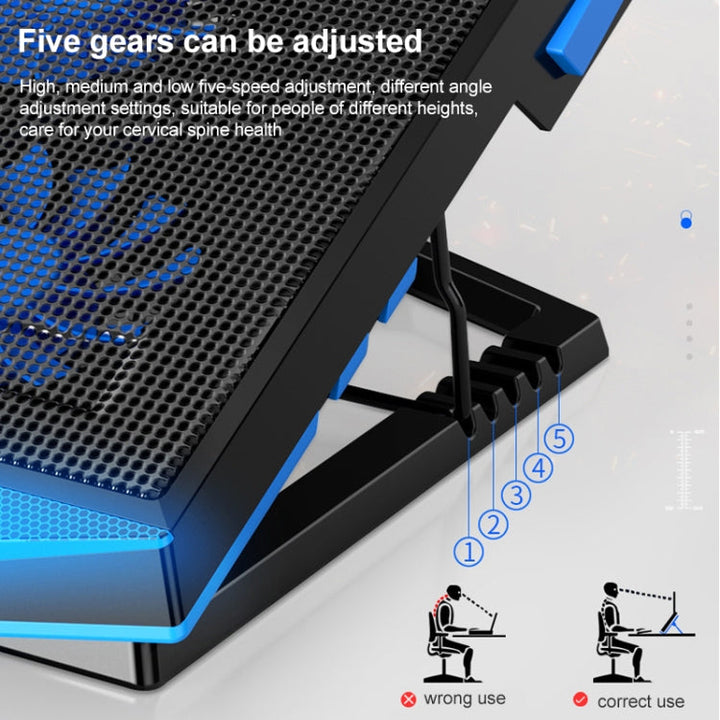 Lisslune | 5 Fan 2 USB Lift Folding Laptop Cooling Stand (Black Blue)