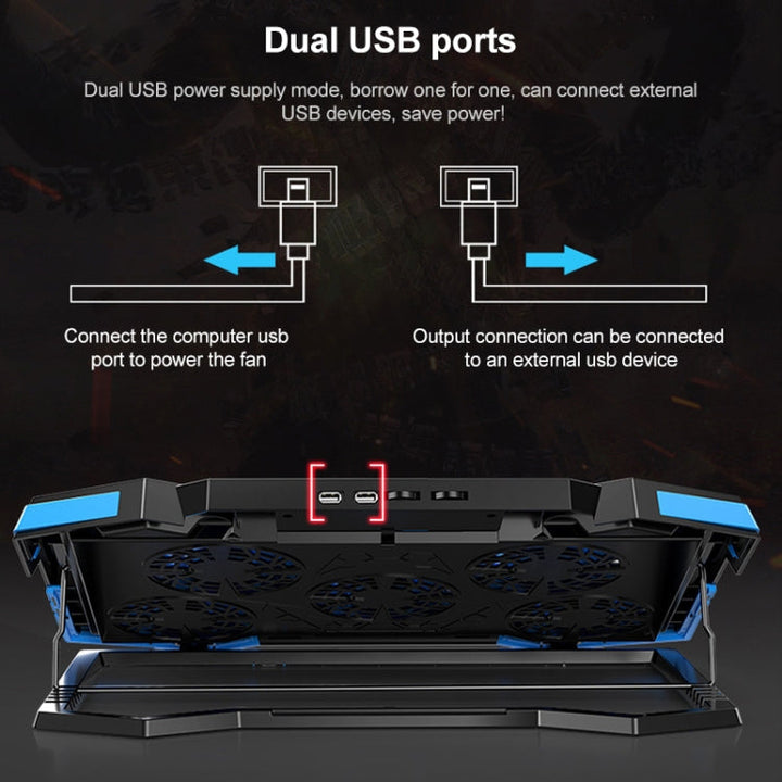 Lisslune | 5 Fan 2 USB Lift Folding Laptop Cooling Stand (Black Blue)