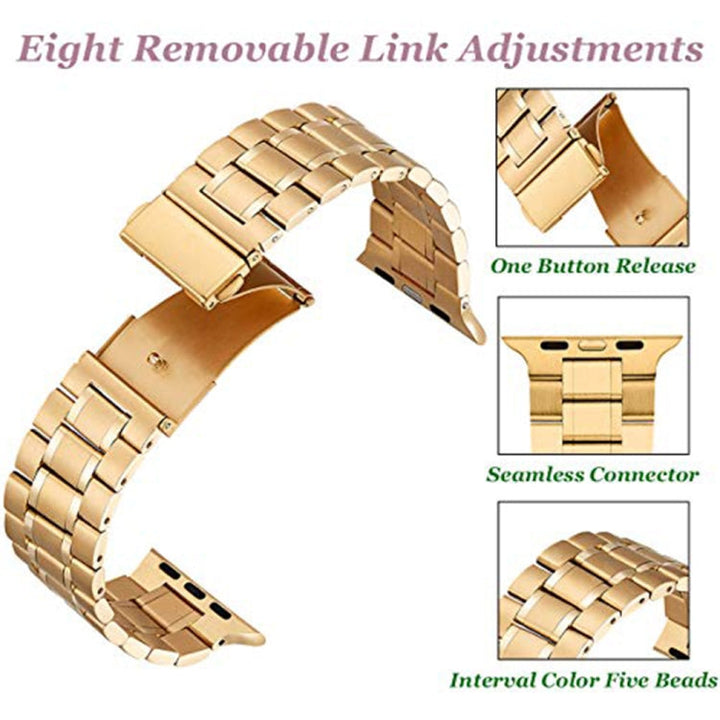 Lisslune | 5-Pearl Stainless Steel Watch Strap for Apple Watch Ultra 49mm & Watch Ultra 2 49mm / Series 9 & 8 & 7 45mm / SE 3 & SE 2 & 6 & SE & 5 & 4 44mm / 3 & 2 & 1 42mm (Gold)