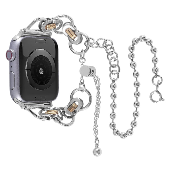 Lisslune | Double chain 2-bead stainless steel bracelet for Apple Watch Ultra 49mm & Watch Ultra 2 49mm / Series 9 & 8 & 7 45mm / SE 3 & SE 2 & 6 & SE & 5 & 4 44mm / 3 & 2 & 1 42mm (Silver and Gold)