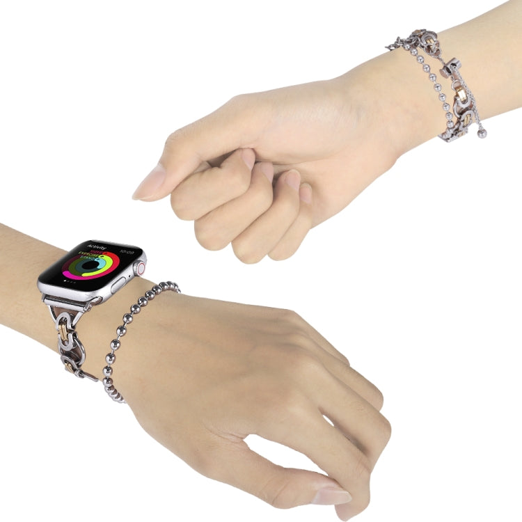 Lisslune | Double chain 2-bead stainless steel bracelet for Apple Watch Ultra 49mm & Watch Ultra 2 49mm / Series 9 & 8 & 7 45mm / SE 3 & SE 2 & 6 & SE & 5 & 4 44mm / 3 & 2 & 1 42mm (Silver and Gold)