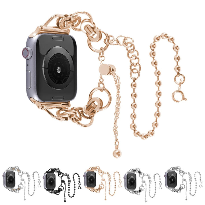 Lisslune | Double chain 2-pearls stainless steel watch band for Apple Watch Ultra 49mm & Watch Ultra 2 49mm / Series 9 & 8 & 7 45mm / SE 3 & SE 2 & 6 & SE & 5 & 4 44mm / 3 & 2 & 1 42mm (Silver and Black)