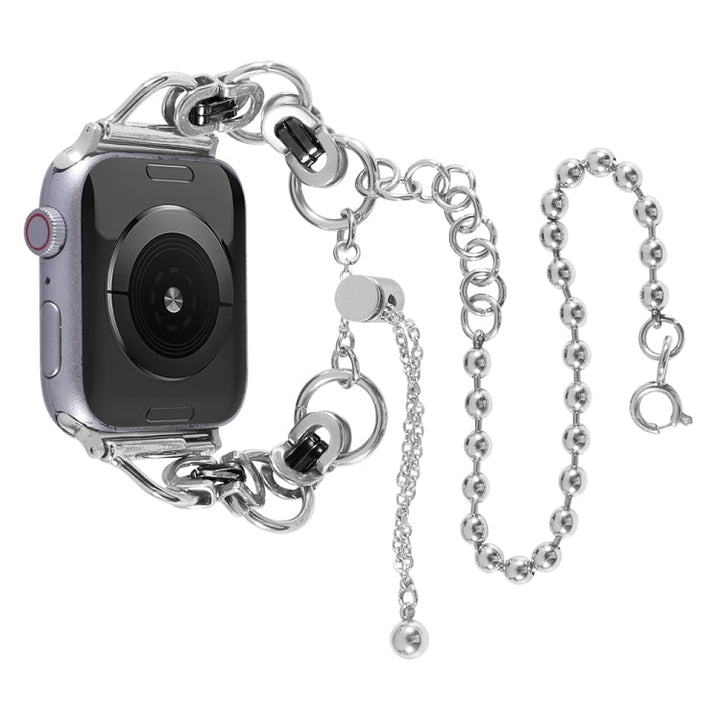 Lisslune | Double Chain 2-Beads Stainless Steel Watch Band for Apple Watch Series 9&8&7 41mm / SE 3&SE 2&6&SE&5&4 40mm / 3&2&1 38mm (Silver and Black)