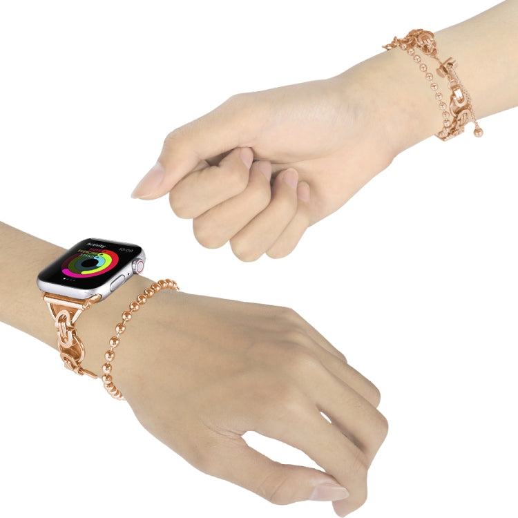 Lisslune | Double Chain 2-Pearl Stainless Steel Watch Band for Apple Watch Series 9&8&7 41mm / SE 3&SE 2&6&SE&5&4 40mm / 3&2&1 38mm (Rose Gold)
