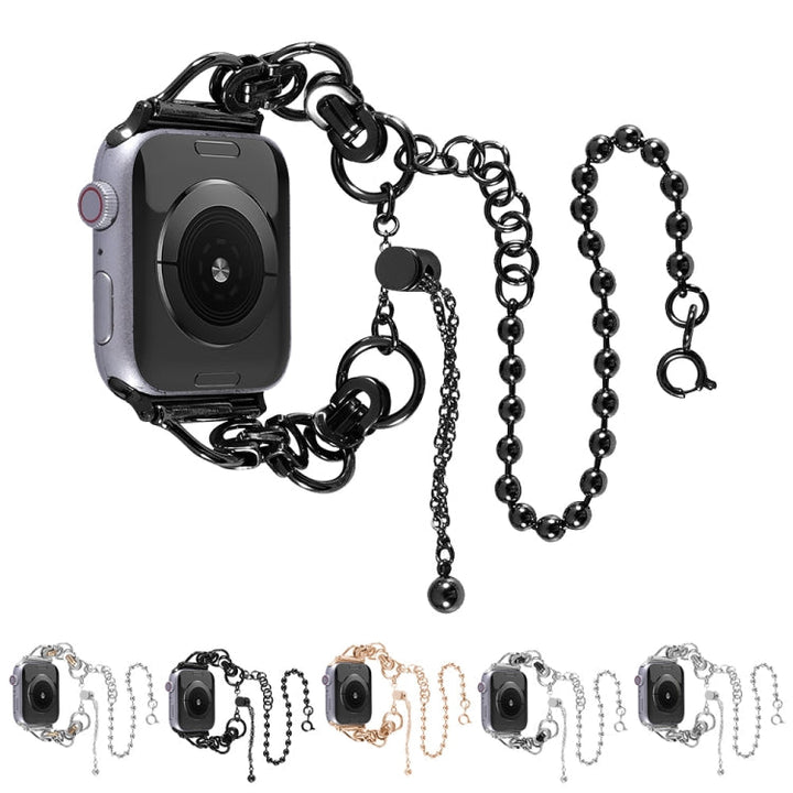 Lisslune | Double Chain 2-Beads Stainless Steel Watch Band for Apple Watch Series 9&8&7 41mm / SE 3&SE 2&6&SE&5&4 40mm / 3&2&1 38mm (Silver and Black)