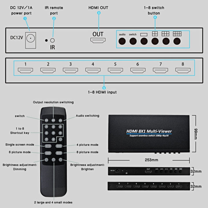 Lisslune | NK-818 HDMI 8x1 Multi-Viewer Supports seamless switch 1080P, US plug