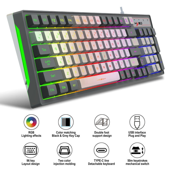 Lisslune | HXSJ V600 96-Key RGB Backlight Dual-Color Injection Molding Wired Gaming Keyboard