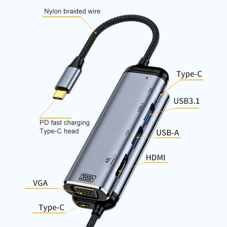 Lisslune | Y002 6 in 1 Type-C to VGA+HDMI+Dual USB+Dual USB-C/Type-C Interface Multifunction Adapter