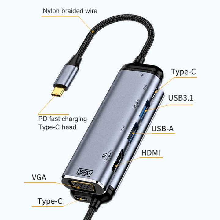 Lisslune | Y002 6 in 1 Type-C to VGA+HDMI+Dual USB+Dual USB-C/Type-C Interface Multifunction Adapter